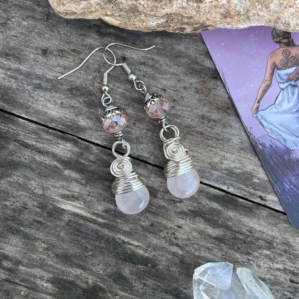 Wire Wrapped Rose Quartz Briolette Dangle Earrings - Handmade
